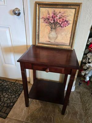 Wood Side Table with Drawer + Framed Floral Print