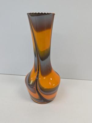 Multi Colored Orange Blue Black Murano Style Hand Blown Vase Approx 10" Tall