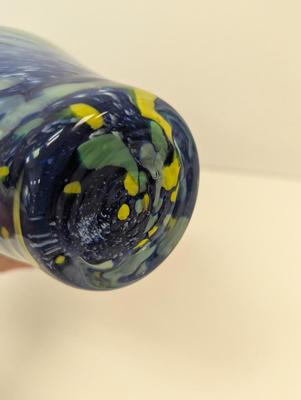 Vintage Hand Blown Glass Vase Blue Yellow Approx 8" Tall