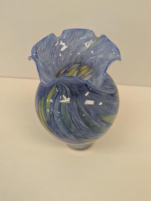 Vintage Hand Blown Glass Vase Blue Yellow Approx 8" Tall
