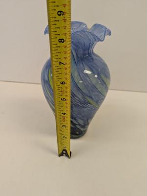 Vintage Hand Blown Glass Vase Blue Yellow Approx 8" Tall