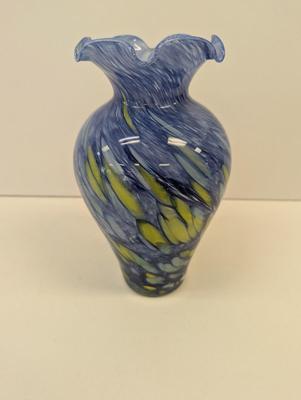 Vintage Hand Blown Glass Vase Blue Yellow Approx 8" Tall