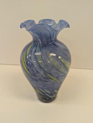 Vintage Hand Blown Glass Vase Blue Yellow Approx 8" Tall