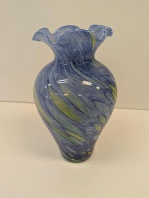 Vintage Hand Blown Glass Vase Blue Yellow Approx 8" Tall