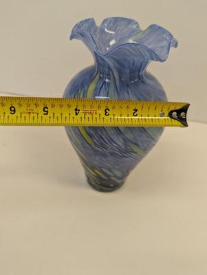 Vintage Hand Blown Glass Vase Blue Yellow Approx 8" Tall