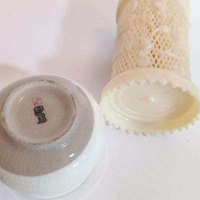 LOT 104L: Vintage Celluloid Cocktail Pick Holder, Ceramic Tea Cup with Filter, Hand Painted Sauce Dish & More