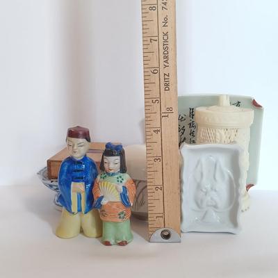 LOT 104L: Vintage Celluloid Cocktail Pick Holder, Ceramic Tea Cup with Filter, Hand Painted Sauce Dish & More