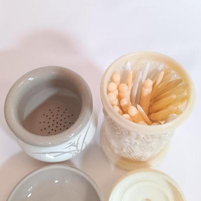 LOT 104L: Vintage Celluloid Cocktail Pick Holder, Ceramic Tea Cup with Filter, Hand Painted Sauce Dish & More