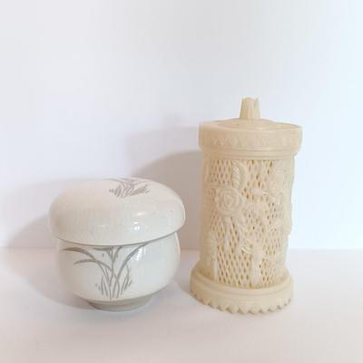 LOT 104L: Vintage Celluloid Cocktail Pick Holder, Ceramic Tea Cup with Filter, Hand Painted Sauce Dish & More