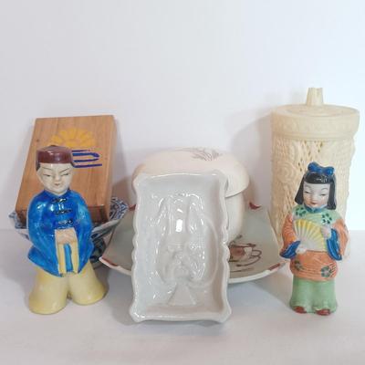 LOT 104L: Vintage Celluloid Cocktail Pick Holder, Ceramic Tea Cup with Filter, Hand Painted Sauce Dish & More