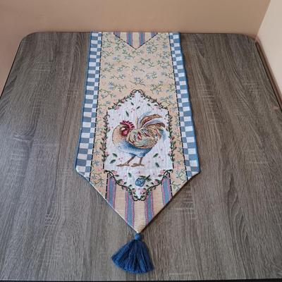 LOT 111L: Rooster Tapestry Footstool with Rooster Cupola Lidded Candleholders & Rooster Themed Table Runners