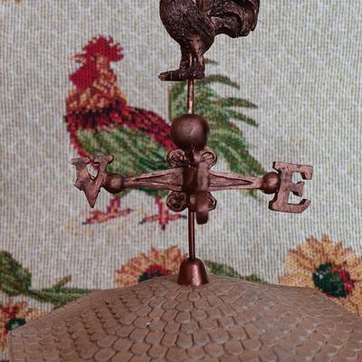 LOT 111L: Rooster Tapestry Footstool with Rooster Cupola Lidded Candleholders & Rooster Themed Table Runners