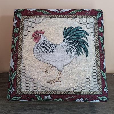 LOT 111L: Rooster Tapestry Footstool with Rooster Cupola Lidded Candleholders & Rooster Themed Table Runners