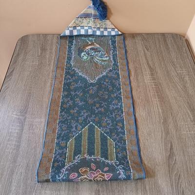 LOT 111L: Rooster Tapestry Footstool with Rooster Cupola Lidded Candleholders & Rooster Themed Table Runners