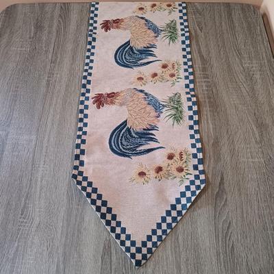 LOT 111L: Rooster Tapestry Footstool with Rooster Cupola Lidded Candleholders & Rooster Themed Table Runners