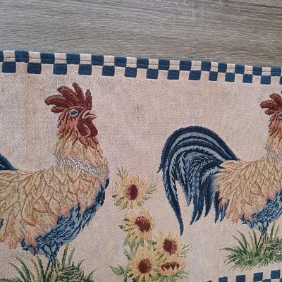 LOT 111L: Rooster Tapestry Footstool with Rooster Cupola Lidded Candleholders & Rooster Themed Table Runners