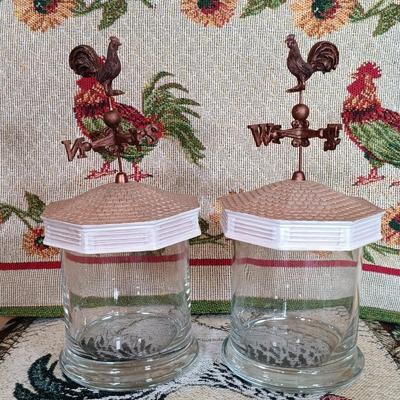 LOT 111L: Rooster Tapestry Footstool with Rooster Cupola Lidded Candleholders & Rooster Themed Table Runners