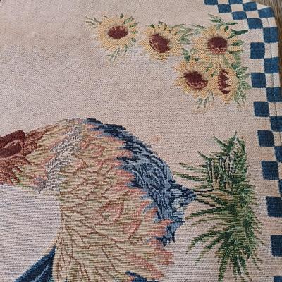 LOT 111L: Rooster Tapestry Footstool with Rooster Cupola Lidded Candleholders & Rooster Themed Table Runners