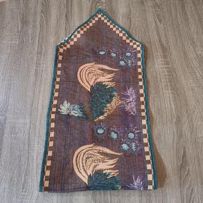 LOT 111L: Rooster Tapestry Footstool with Rooster Cupola Lidded Candleholders & Rooster Themed Table Runners