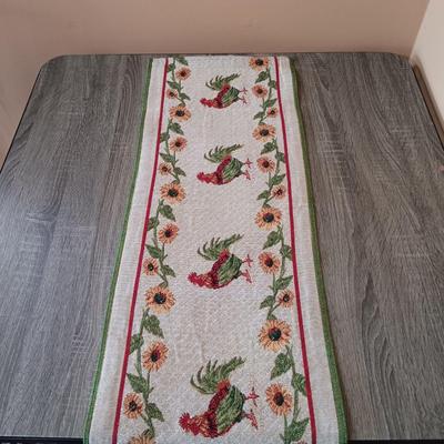 LOT 111L: Rooster Tapestry Footstool with Rooster Cupola Lidded Candleholders & Rooster Themed Table Runners