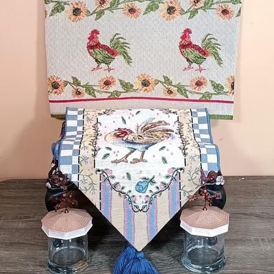 LOT 111L: Rooster Tapestry Footstool with Rooster Cupola Lidded Candleholders & Rooster Themed Table Runners