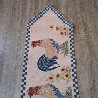 LOT 111L: Rooster Tapestry Footstool with Rooster Cupola Lidded Candleholders & Rooster Themed Table Runners