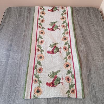 LOT 111L: Rooster Tapestry Footstool with Rooster Cupola Lidded Candleholders & Rooster Themed Table Runners