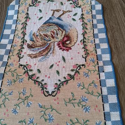 LOT 111L: Rooster Tapestry Footstool with Rooster Cupola Lidded Candleholders & Rooster Themed Table Runners