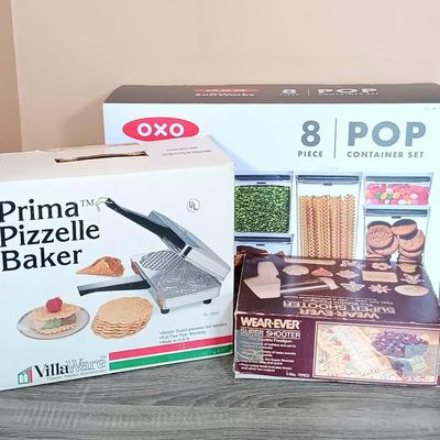 LOT 114L: NIB OXO Pop Canister Set w/ Vintage Prima Pizelle Baker & Wear-Ever Cookie Super-Shooter