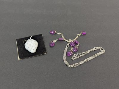 Sarah Coventry Strawberry Pin & Purple Acrylic Rhinestone Necklace