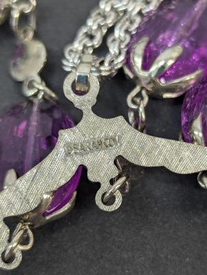 Sarah Coventry Strawberry Pin & Purple Acrylic Rhinestone Necklace