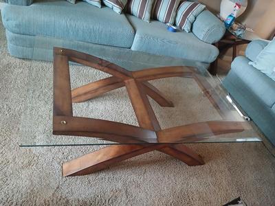 Modern = Glass-Top Coffee Table with Sculptural Wood Base