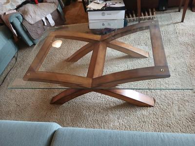 Modern = Glass-Top Coffee Table with Sculptural Wood Base