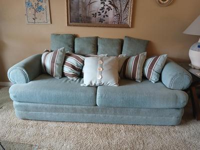 Teal Upholstered Sofa with Accent Pillows