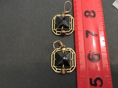 Givenchy Vintage Statement Earrings Black Glass Type Brushed Gold Tone