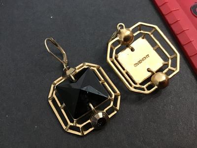 Givenchy Vintage Statement Earrings Black Glass Type Brushed Gold Tone