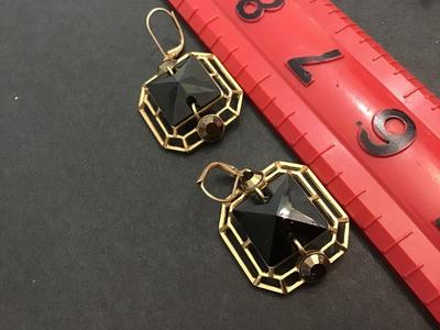 Givenchy Vintage Statement Earrings Black Glass Type Brushed Gold Tone
