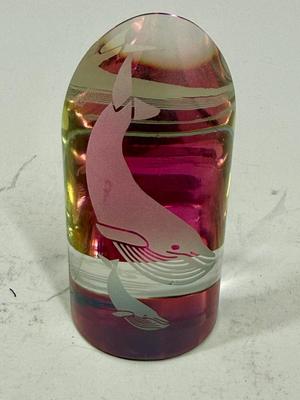 Sale Photo Thumbnail #295: Glass cylinder with beveled cut, etched with images of 2 whales.  Approx. 3.5" tall, great condition.