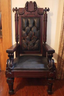 Antique Carved Mahogany Chair with Axe Finials (See Details)