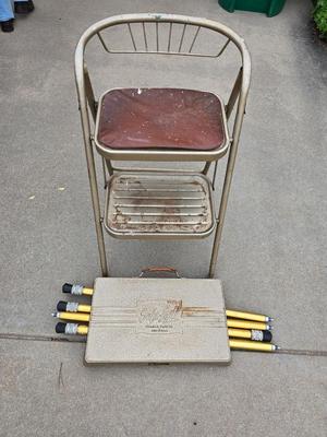Vintage Cosco Step Stool Chair & Vintage Welt Safe-Lock Metal Professional Project-O-Stand Projector Table/Stand