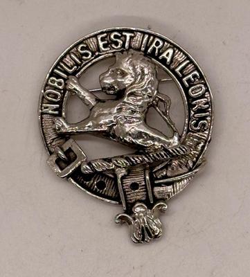 Sale Photo Thumbnail #233: Silvertone round metal cap Badge Pin. Approx. 1 5/8" across. Good condition.