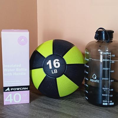 LOT 166L: AmazonBasics 16lb Medicine Ball with Aquafit 1 Gallon Water Bottle & 40 Ounce Powcan Insulated Water Bottle