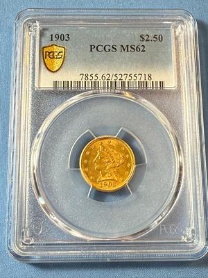 PCGS CERTIFIED 1903 MS62 GRADED $2.50 LIBERTY GOLD COIN AS PICTURED.