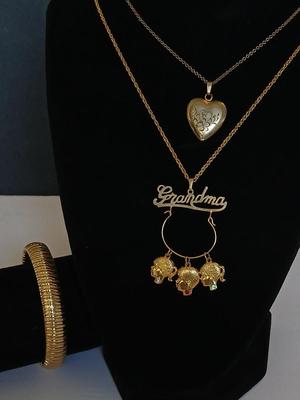 Vintage Gold-Tone Jewelry Lot – Heart Locket, “Grandma” Charm Necklace, and Textured Cuff Bracelet