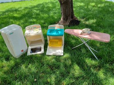 Vintage Little Tikes & Step2 Pretend Play Kitchen Appliance Lot – Fridge, Stove, Sink/ Dishwasher, Ironing Board
