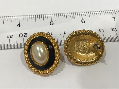 Faux pearl, black enamel ,gold tone earrings