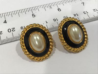 Faux pearl, black enamel ,gold tone earrings