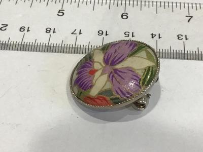 Hand Painted iris Brooch pendant Vintage