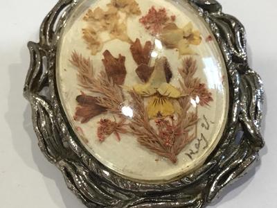 Vintage Dried Flowers in Bubble Glass Signed Artist Egg Shell Pendant
