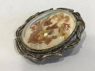 Vintage Dried Flowers in Bubble Glass Signed Artist Egg Shell Pendant